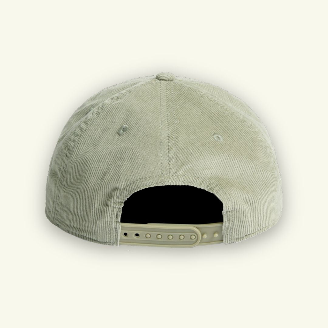 Back view of a light gray cap on a white background