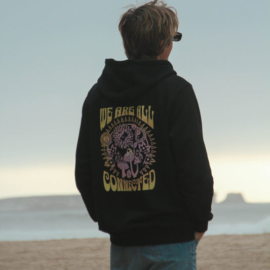 Black hoodie with a graphic print on the back that includes text and abstract art, and a smaller design on the front.