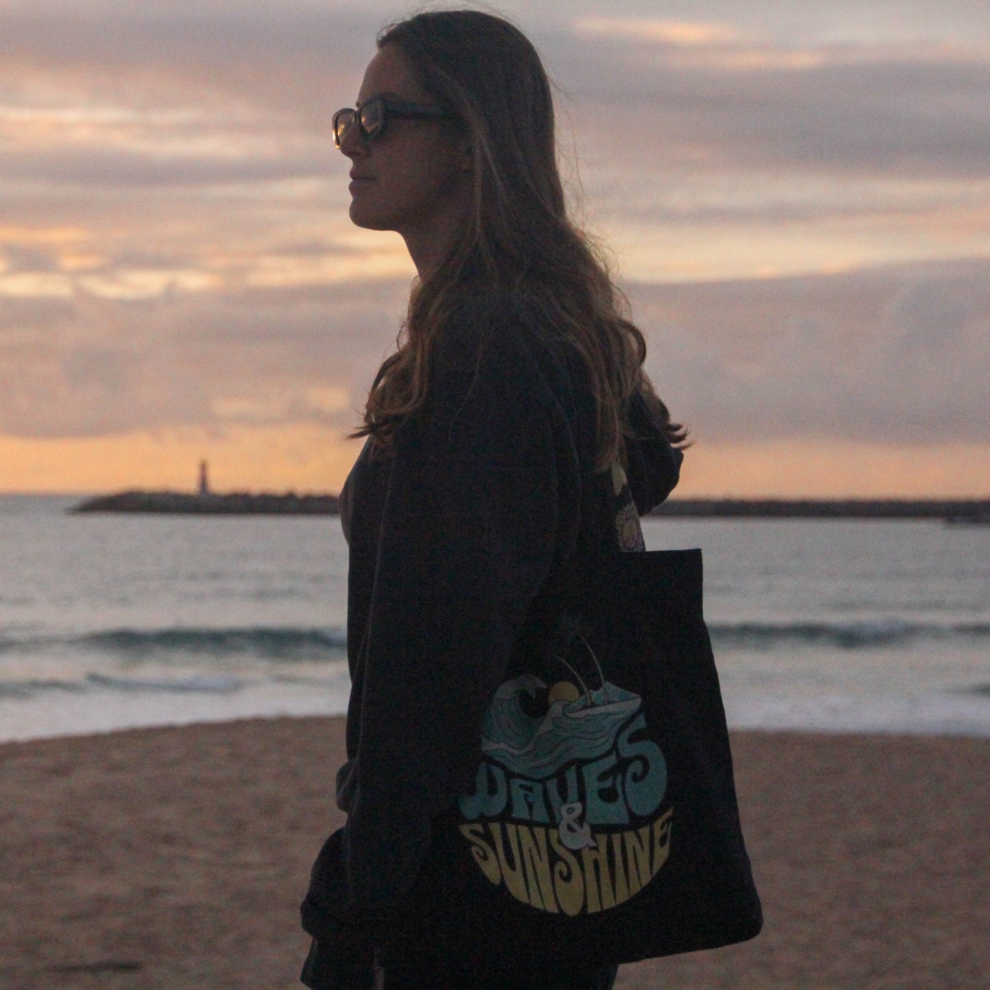 BLACK "WAVES & SUNSHINE" ORGANIC TOTE BAG