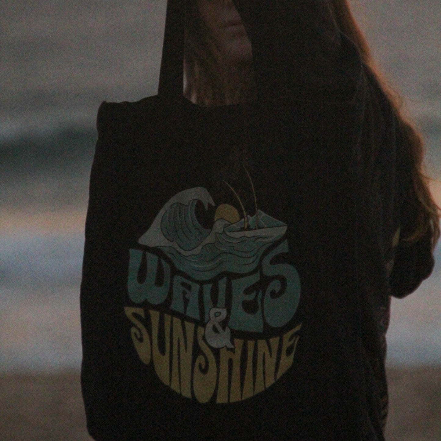 BLACK "WAVES & SUNSHINE" ORGANIC TOTE BAG