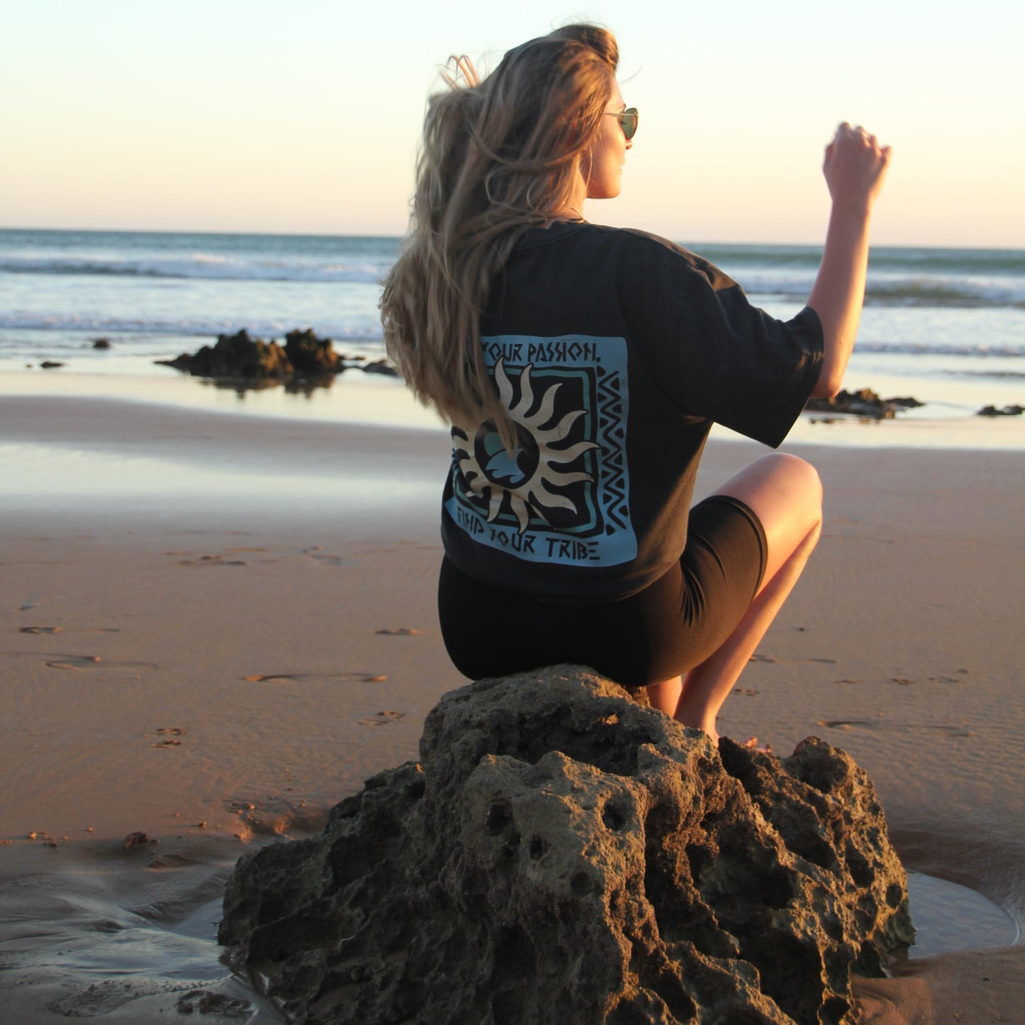 BLACK "TRIBE" STONE WASH TEE