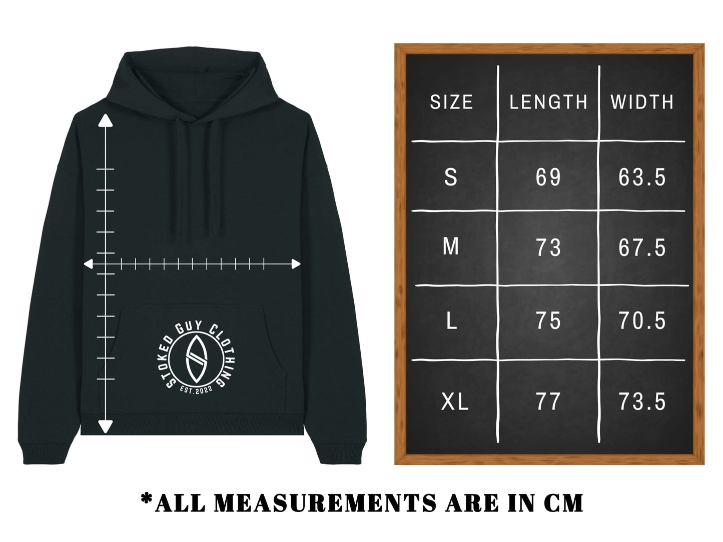 Black hoodie with measurement scale and size chart on a white background
