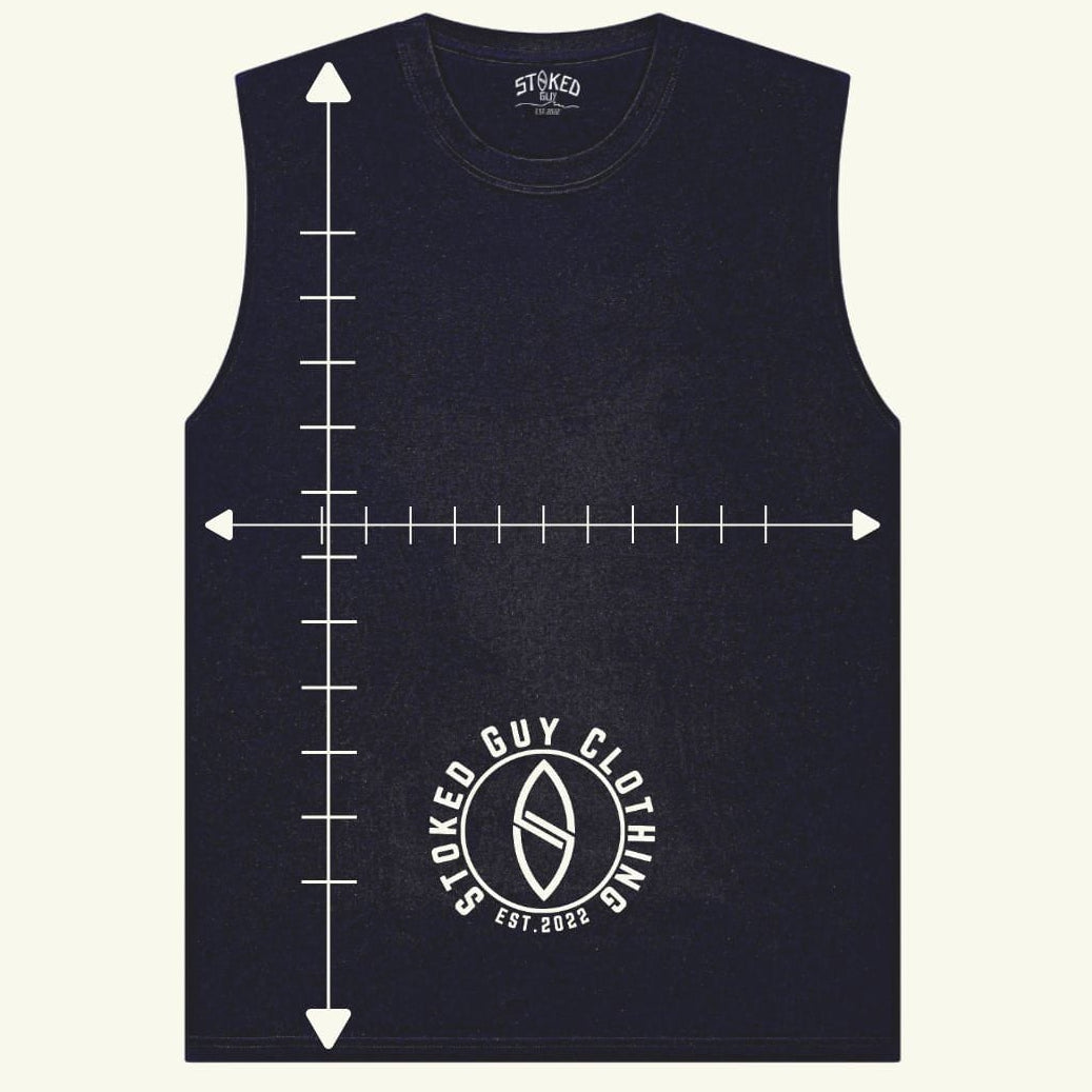 Black sleeveless shirt with measurement chart on a light gray background