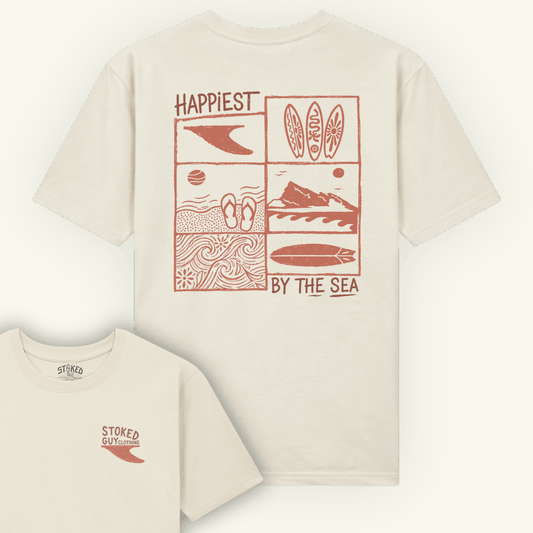 Beige t-shirt with red graphic design and text on a white background