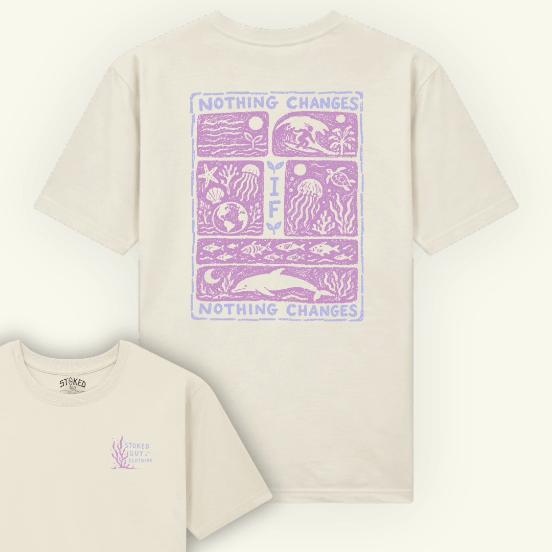 Beige t-shirt with purple graphic design and text on a white background
