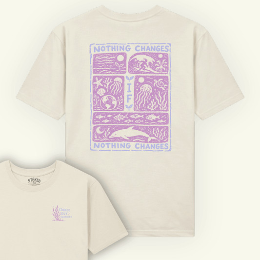 Beige t-shirt with purple graphic design and text on a white background