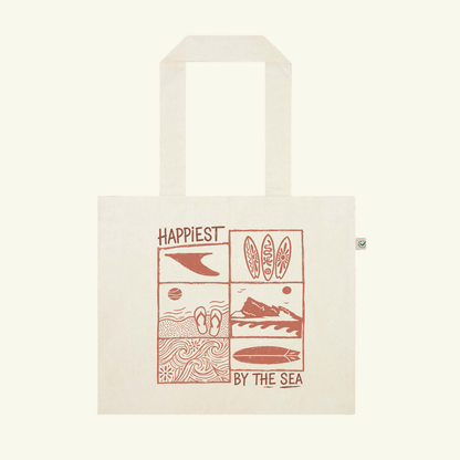 Tote bag with red graphics and text on a white background