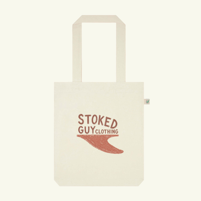 Beige tote bag with 'Stoked Guy Clothing' text and logo on a white background
