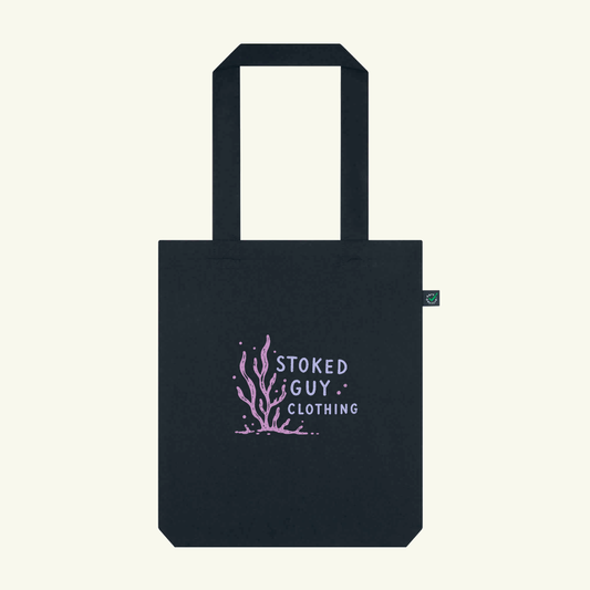 Black tote bag with 'Stoked Guy Clothing' logo on a white background