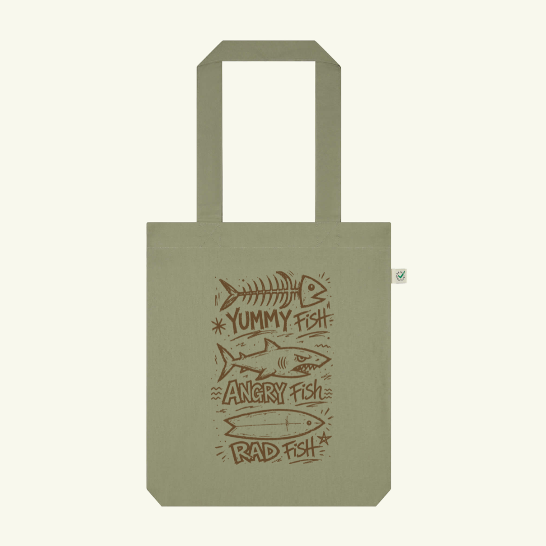 Green tote bag with fish illustrations and text on a white background