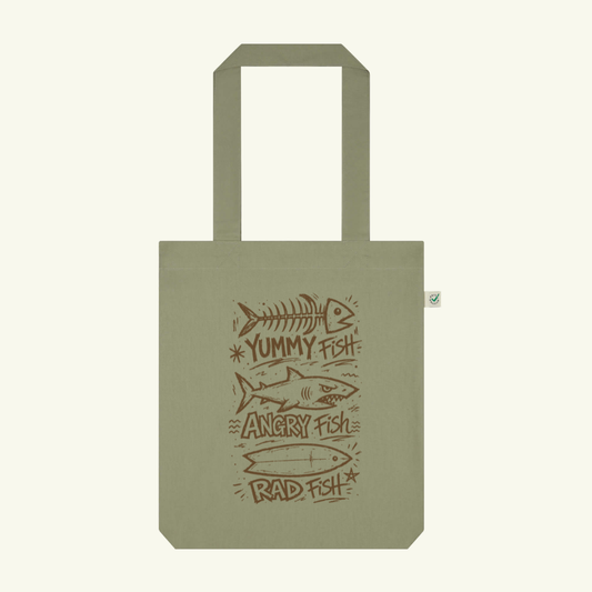 Green tote bag with fish illustrations and text on a white background