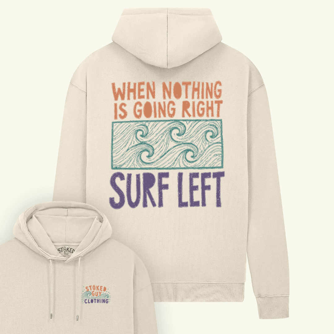 Beige hoodie with text and wave design on a white background