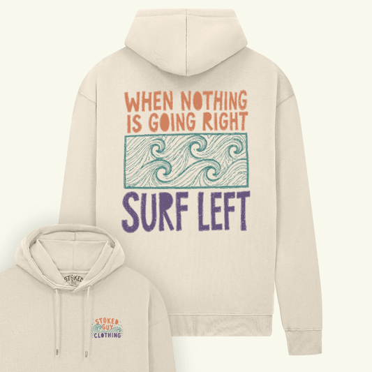 Beige hoodie with text and wave design on a white background