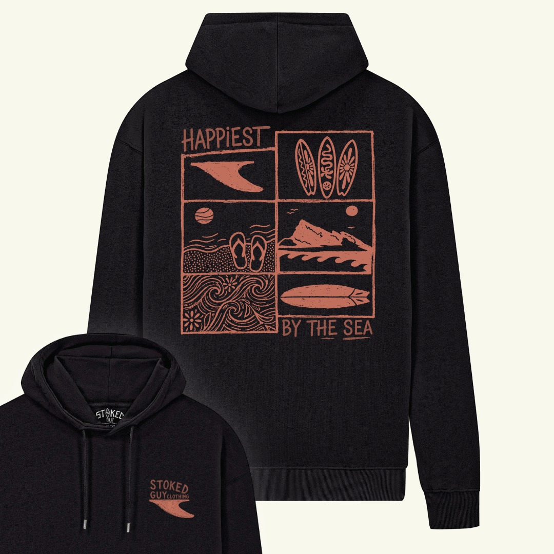 Black hoodie with red graphic design on the back, featuring text and symbols.