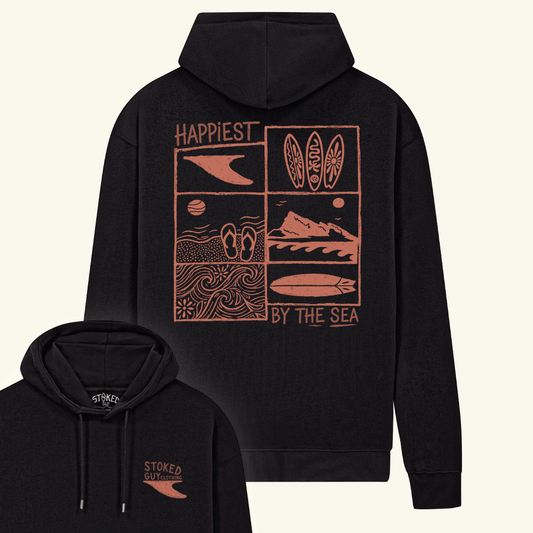 Black hoodie with red graphic design on the back, featuring text and symbols.
