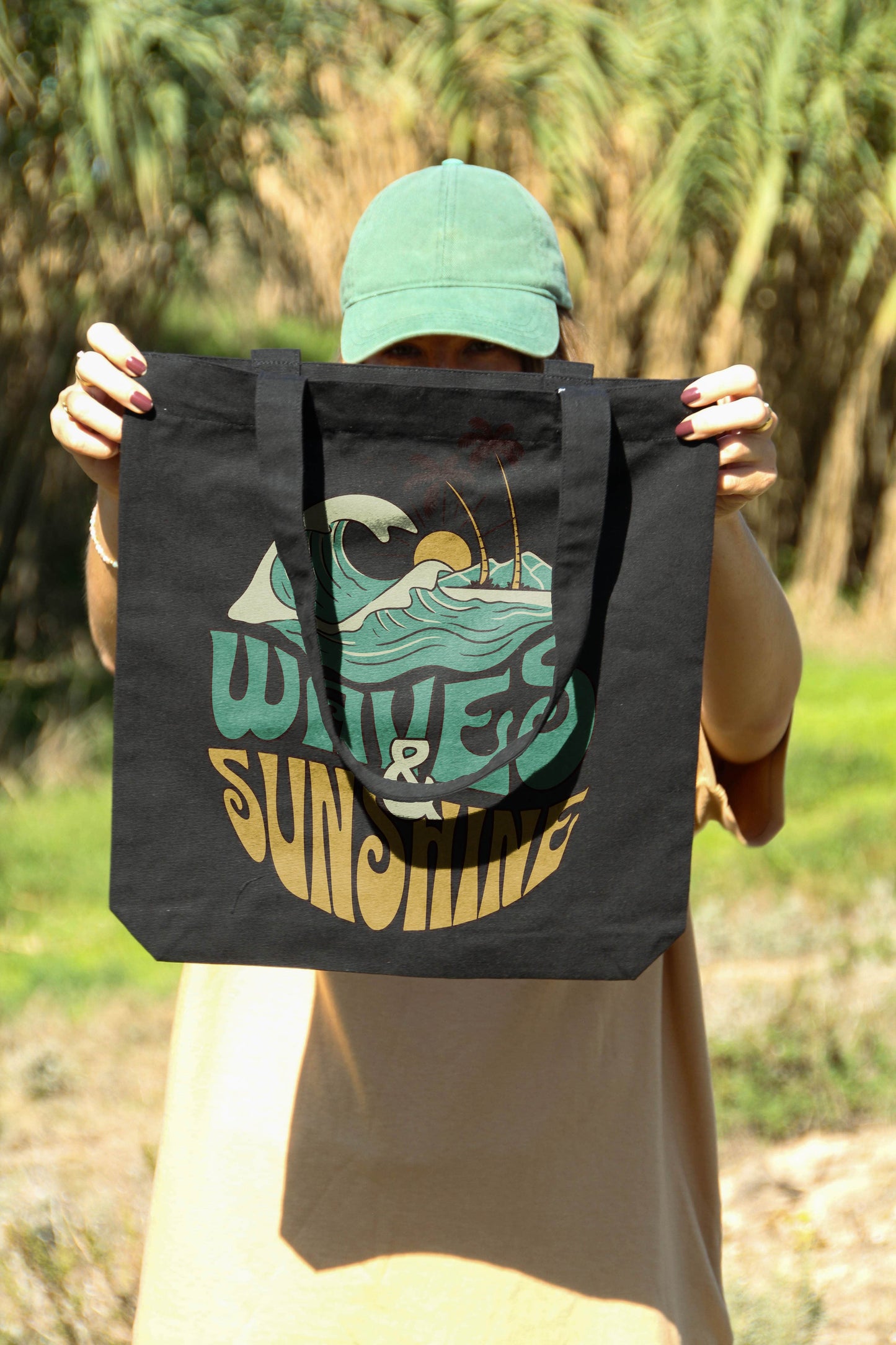 Black "Waves & Sunshine" Organic Tote Bag