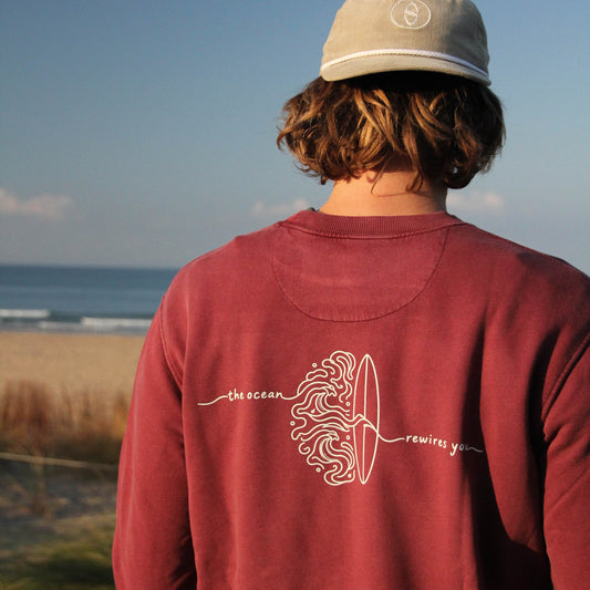 A person standing on a beach, viewed from behind, wearing a burgundy long-sleeve shirt with a white graphic of a brain and surfboard on the back, along with a beige baseball cap.
