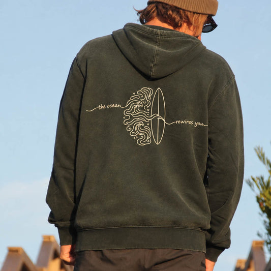 A person viewed from behind wearing an olive green hooded sweatshirt with a surfboard and wave graphic on the back, along with a tan beanie and dark pants, set against a blue sky and architectural background.