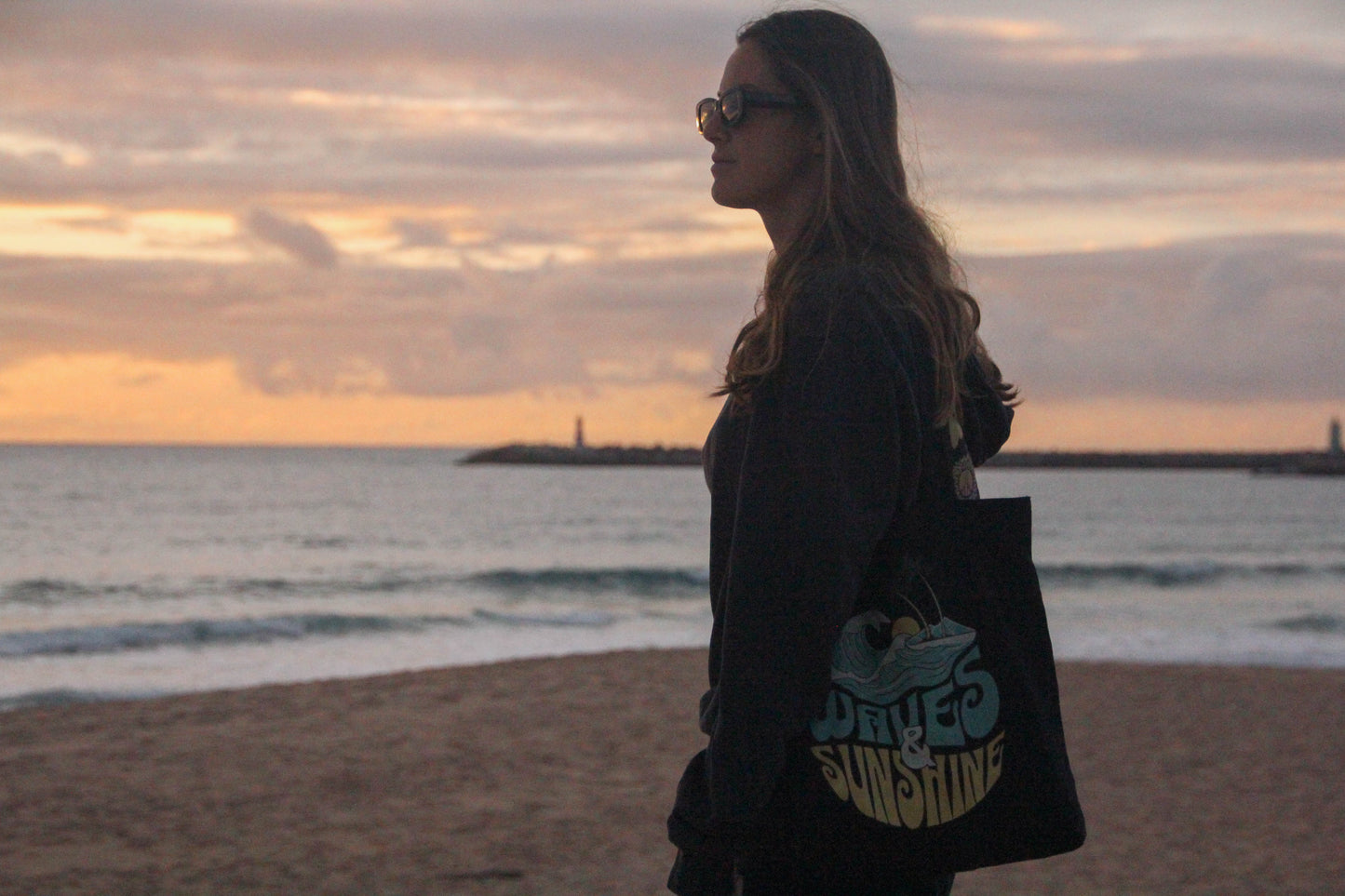 Black "Waves & Sunshine" Organic Tote Bag