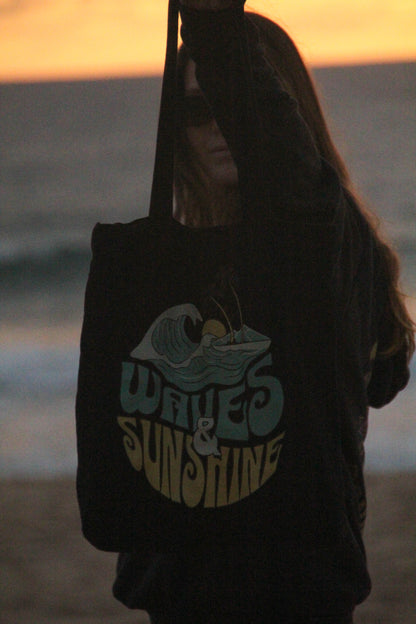 Black "Waves & Sunshine" Organic Tote Bag