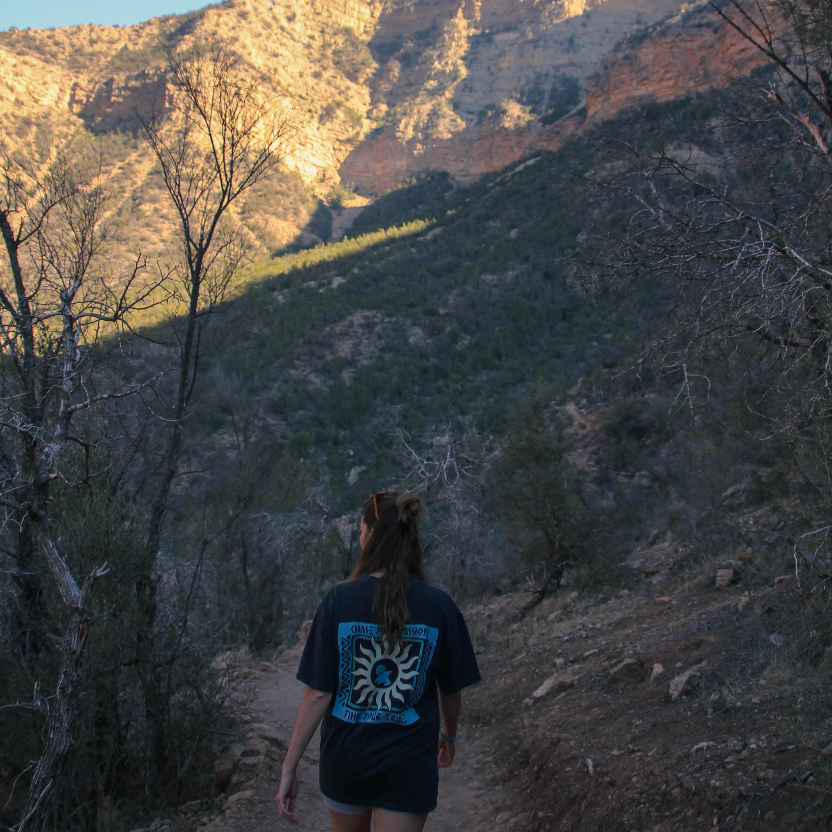 Person walking on a trail with mountains in the background