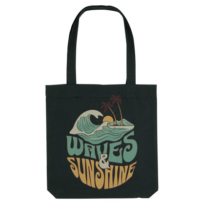 Black "Waves & Sunshine" Organic Tote Bag