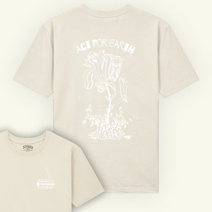 Beige t-shirt with white graphic design on a white background