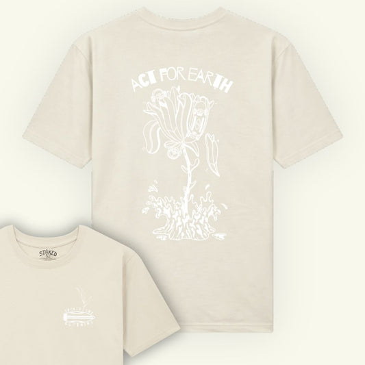 Beige t-shirt with white graphic design on a white background