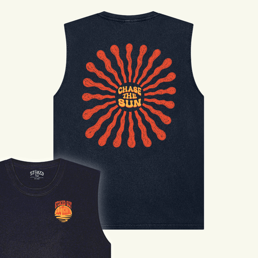 Black sleeveless shirt with red and orange 'Chase the Sun' design on a white background
